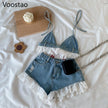 Summer Sweet Lolita Style Denim Shorts Sets Girls Sexy Lace Bandage Camisole Crop Tops Ruffles Jeans Short Pants Women 2PC Set