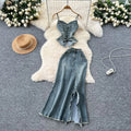 American Hot Girl Retro Denim Two-piece Set.Women's New Summer Fashion Sexy Strappy Halter Top + High Waist Slit Half Body Skirt