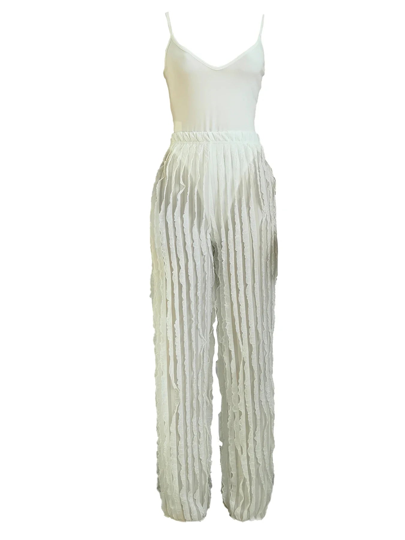 Women's Solid Backless Cami Bodysuit & Elastic Waist Frilled Pants Set, Fashion Casual V Neck Spaghetti Strap Bodysuit & Straigh