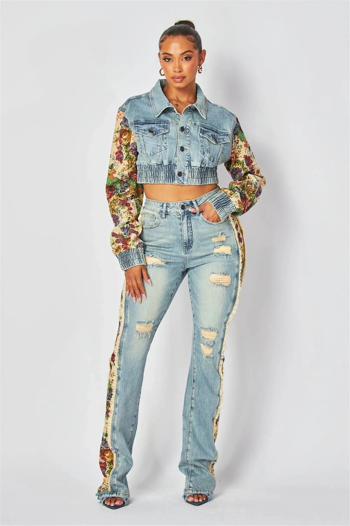 2024 Women's Printed Splicing Denim Jacket Long Sleeve and Piercing Jeans Long Pants Color Contrasting Set Two Piece Set