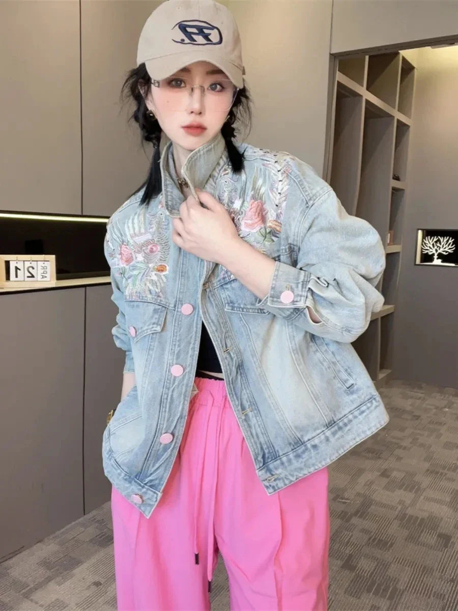 Spring Autumn Short Denim Jacket 2025 New Women's Embroidery Denim Outwear Chinese Style Women Denim Coat Women Loose Jeans Coat