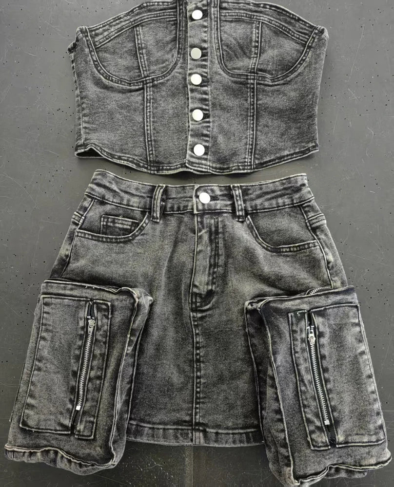 Y2k Fashion Vintage Washed Denim Set Women Off Shoulder Cropped Top Mini Skirt Jean Suit Summer Streetwear 2 Two Piece Outfits