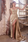Fitted Satin Gown With Beaded Bodice