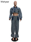 Streetwear Blue Patchwork Denim Two 2 Piece Pants Set Women Sales Long Sleeve Crop Tops and Flare Jeans Loose Matching Outfits
