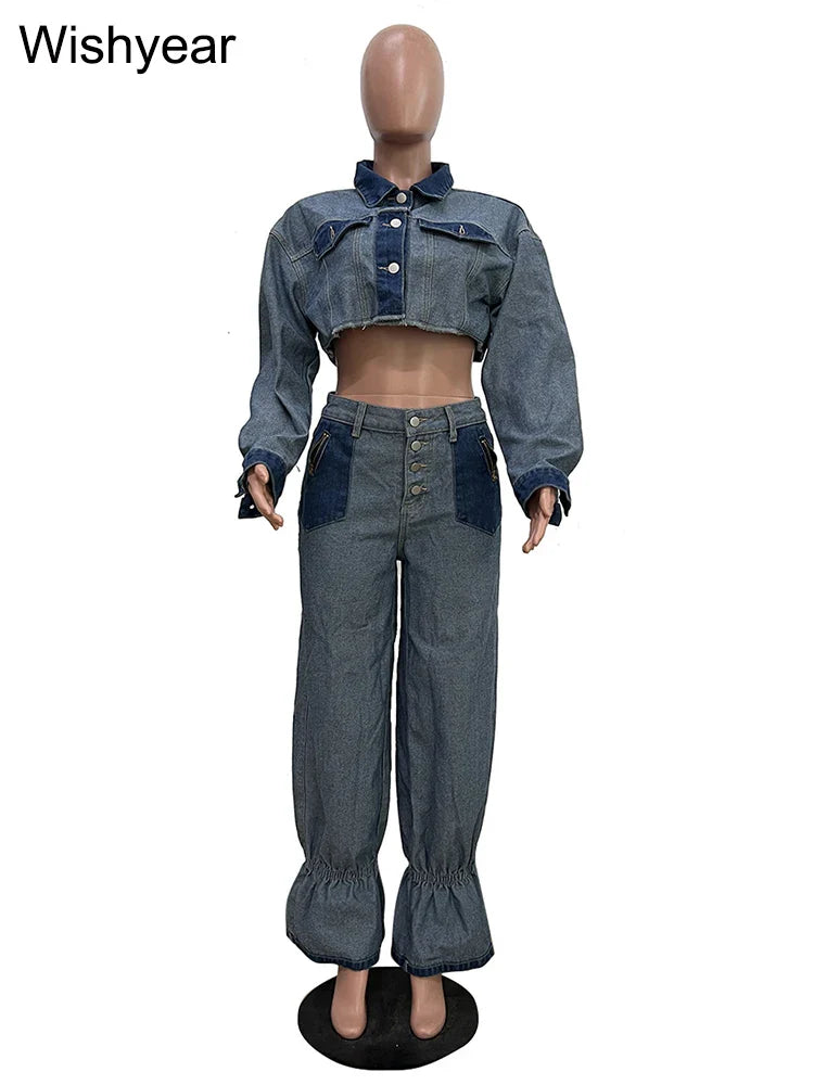Streetwear Blue Patchwork Denim Two 2 Piece Pants Set Women Sales Long Sleeve Crop Tops and Flare Jeans Loose Matching Outfits