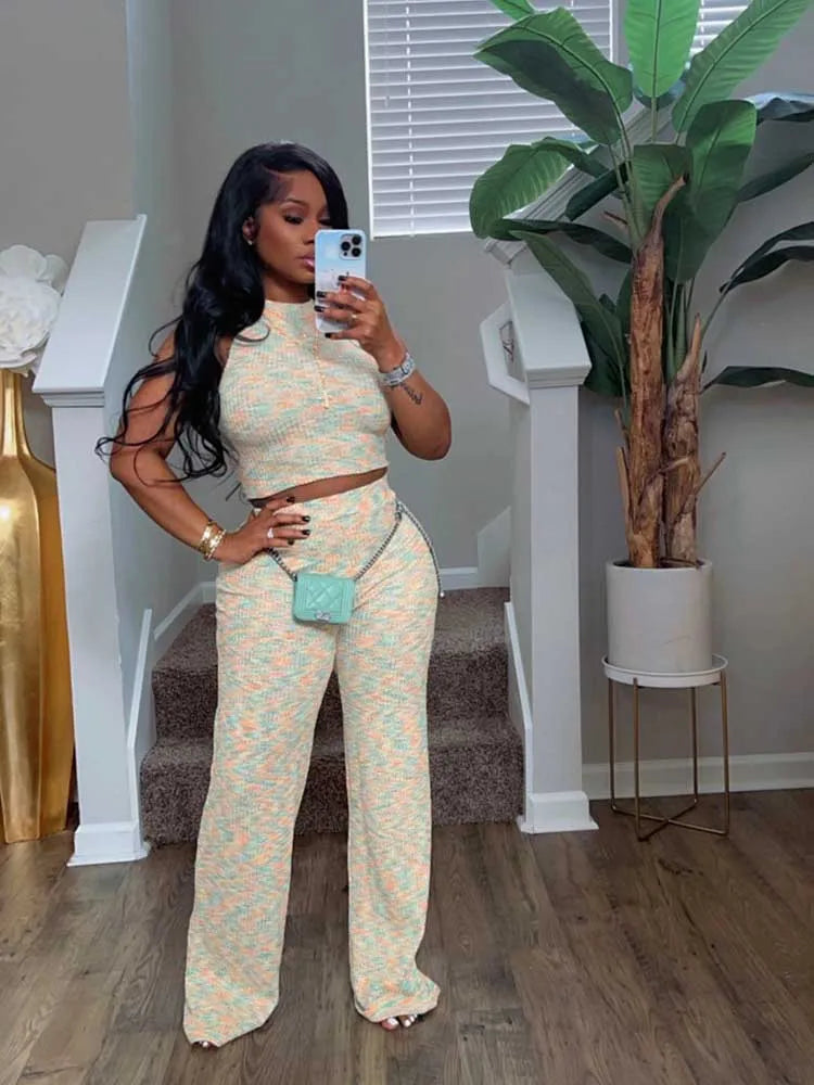 2 Piece Sets Womens Outfits Elegant Stretchy Knitted Summer Suit Sexy Sleeveless Top and Pant Suit Wholesale Dropshipping