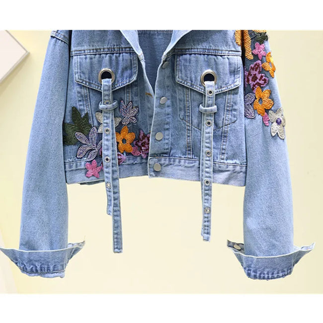 Autumn Denim Jacket Women Flowers Embroidery Sequins Jeans Coat Loose Long Sleeve Casual Student Short Clothes Streetwear H302