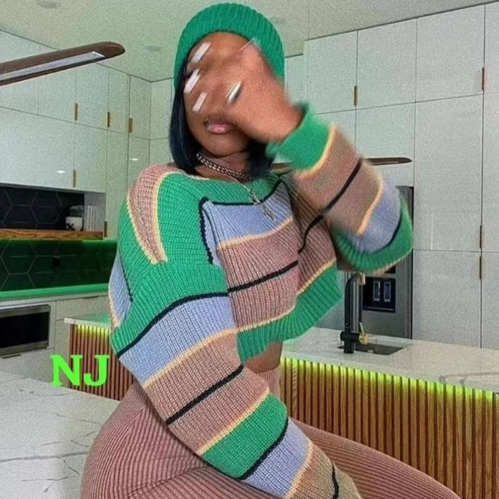 Women 2 Piece Set Long Sleeve Striped Sweater and Sweat Pants Suits 2024 Winter Fitness Active Two Piece Lounge Sets Tracksuit