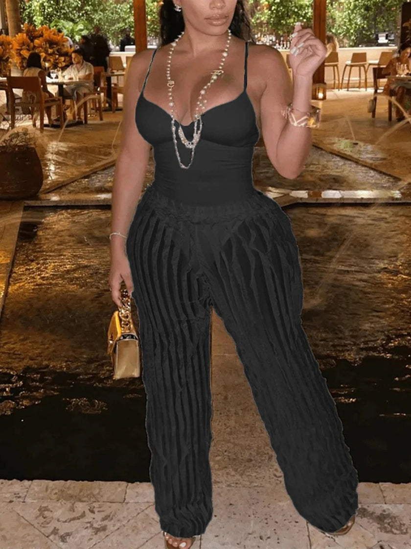 Women's Solid Backless Cami Bodysuit & Elastic Waist Frilled Pants Set, Fashion Casual V Neck Spaghetti Strap Bodysuit & Straigh