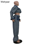 Streetwear Blue Patchwork Denim Two 2 Piece Pants Set Women Sales Long Sleeve Crop Tops and Flare Jeans Loose Matching Outfits
