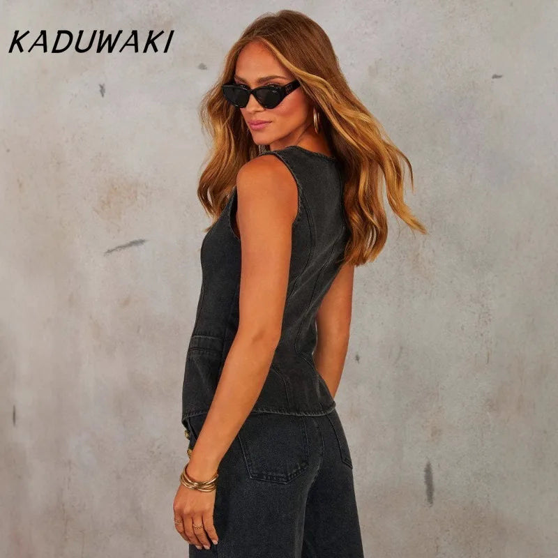KADUWAKI Slim Denim Waistcoat Jeans 2pc Women Elegant Single Breasted O Neck Vest Wide Leg Pants Spring Lady High Street Outfits