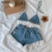 Summer Sweet Lolita Style Denim Shorts Sets Girls Sexy Lace Bandage Camisole Crop Tops Ruffles Jeans Short Pants Women 2PC Set