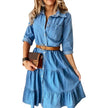 Denim Dress Three Quarter Sleeve with Belt Turn-down Collar Spring Autumn Buttons Ruffle Jeans Dresses for women 2023