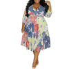 Plus Size Women's Abstract Watercolor Floral Print V-Neck Wrap Midi Dress 3/4 Sleeve Elegant Look