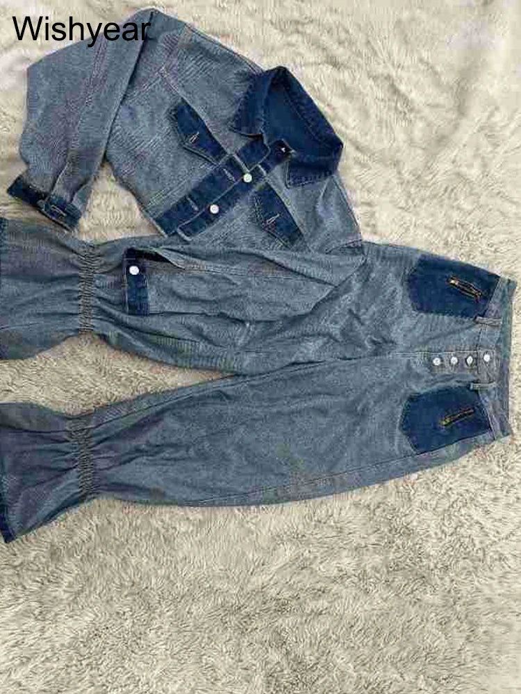 Streetwear Blue Patchwork Denim Two 2 Piece Pants Set Women Sales Long Sleeve Crop Tops and Flare Jeans Loose Matching Outfits