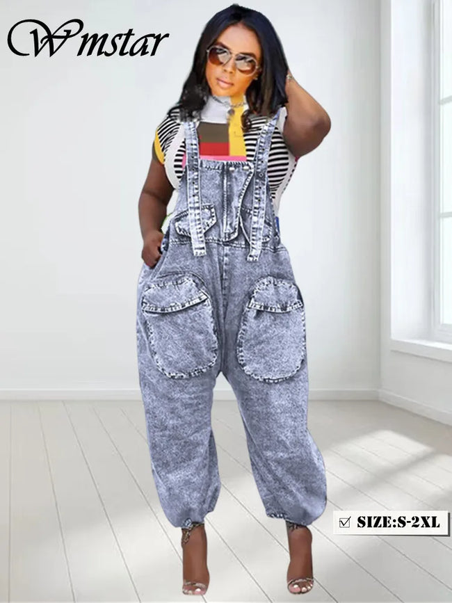 Wmstar Women's Jumpsuit Denim Cargo Pockets One Piece Outfits Wide Leg Black Fashion Streetwear Romper Wholesale Dropshipping