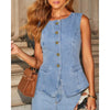 KADUWAKI Slim Denim Waistcoat Jeans 2pc Women Elegant Single Breasted O Neck Vest Wide Leg Pants Spring Lady High Street Outfits