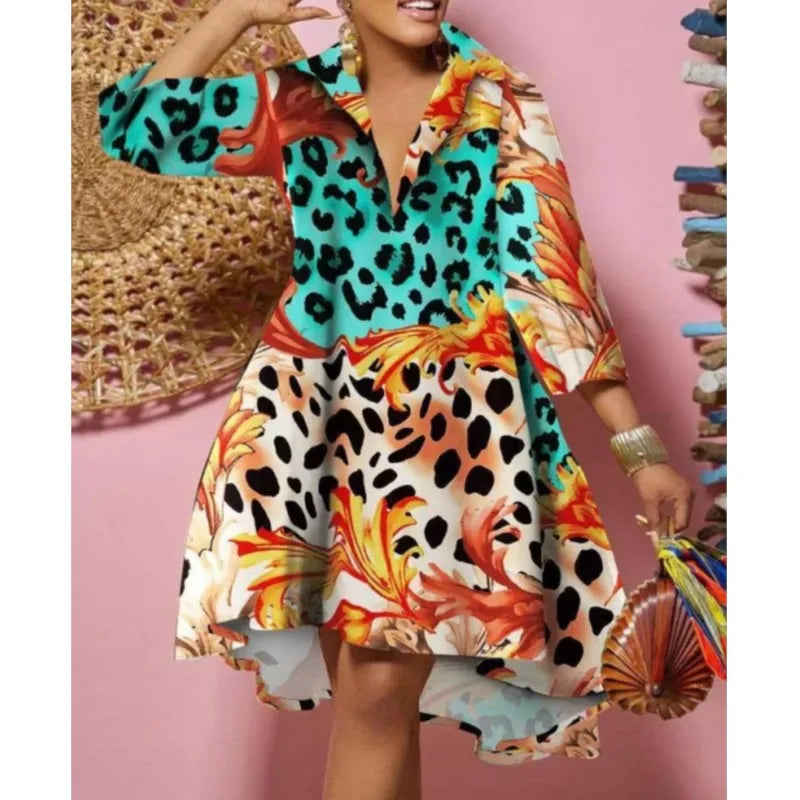 Women Sexy Fashion Printed Shirt Dresses Chic V Neck Loose Long Sleeve Dress Causal Vacation Female Mini Vestidos Robe Clothing