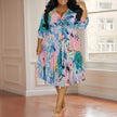 Plus Size Women's Abstract Watercolor Floral Print V-Neck Wrap Midi Dress 3/4 Sleeve Elegant Look