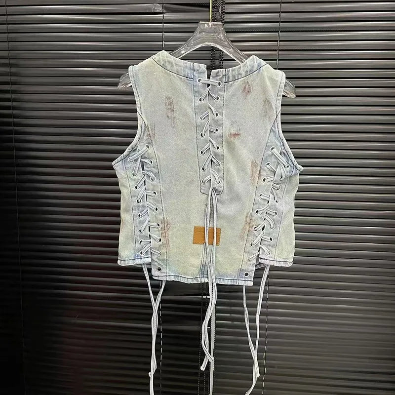 WTHT Vintage 2025 Summer Women's Bandage Single-breasted Denim Vest Fashion High-waisted Loose Wide Leg Jeans Female 1LS1482