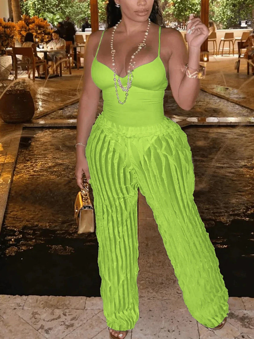 Women's Solid Backless Cami Bodysuit & Elastic Waist Frilled Pants Set, Fashion Casual V Neck Spaghetti Strap Bodysuit & Straigh