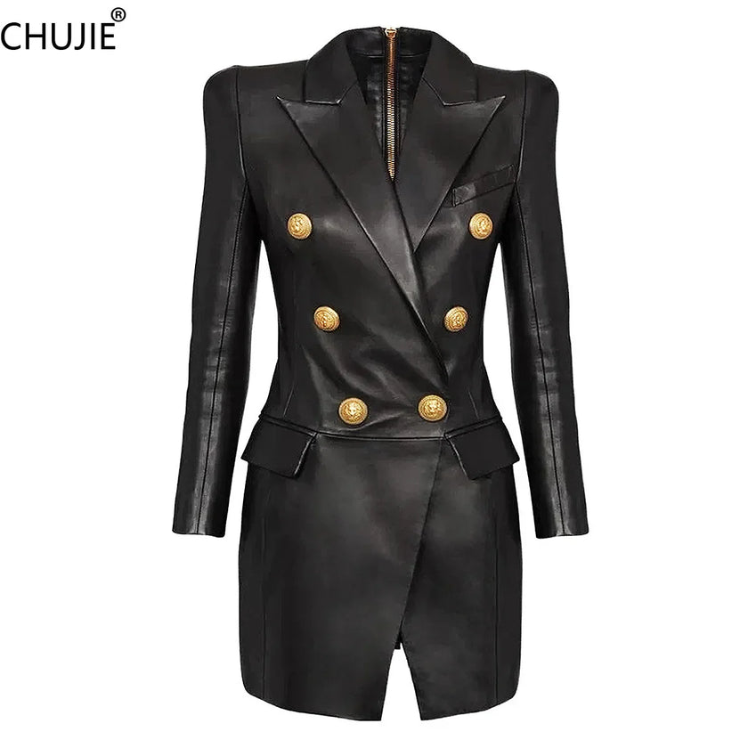 Women's PU Leather Blazer Dress 2025 - Slim Fit Office Suit, Minimalist Chic Work Attire