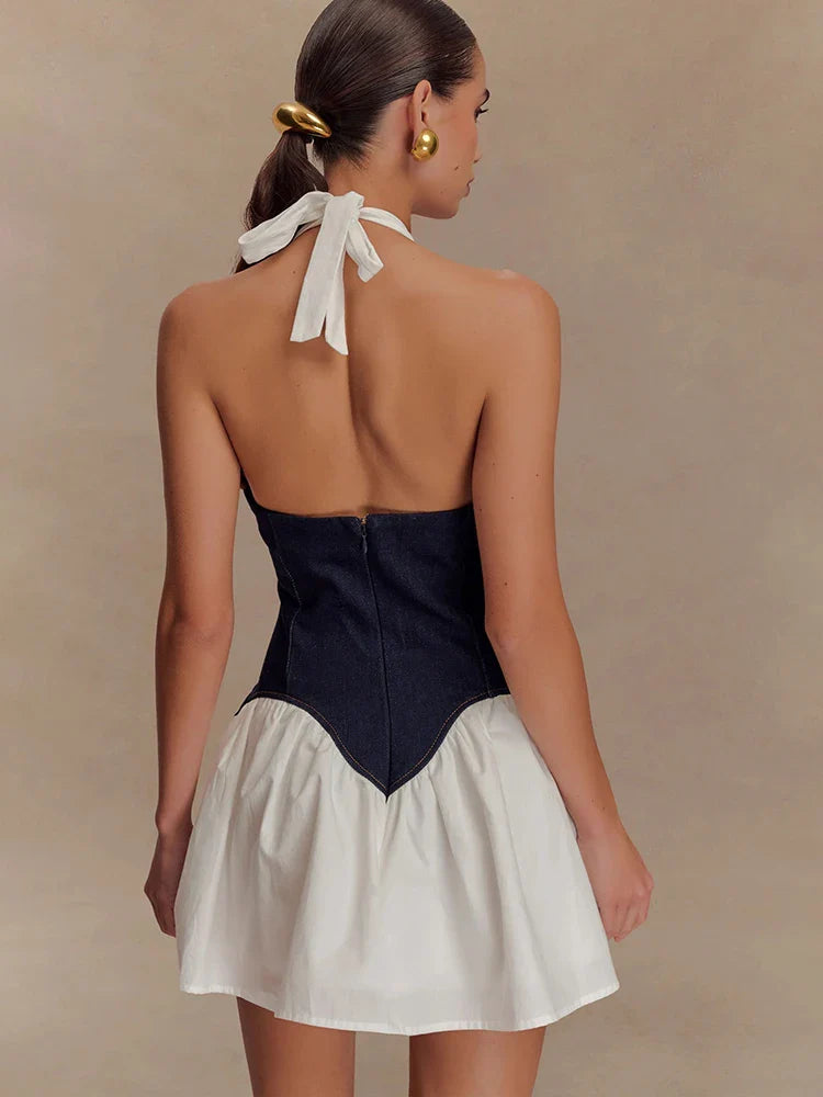 JULISSA MO Patchwork Sexy Deep V-neck Denim Mini Dress Women White Backless Halter Dress Summer Slim Elegant Party Club Outfits