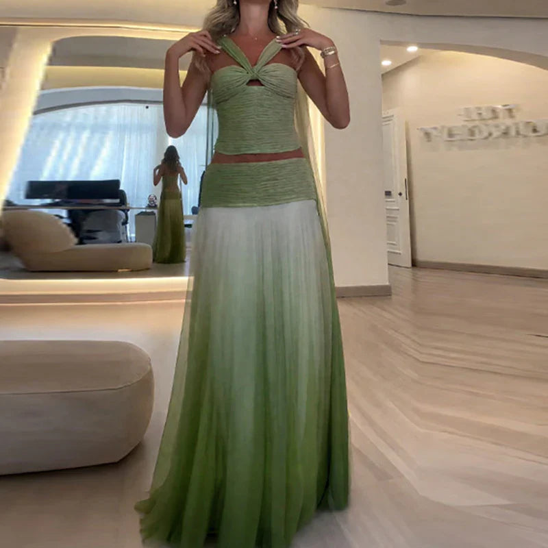 Sexy Strapless Top with Long Skirt Women's Suits Fashion Backless Pleated Club Outfit Gradient Green Hollow Slim Two Piece Sets