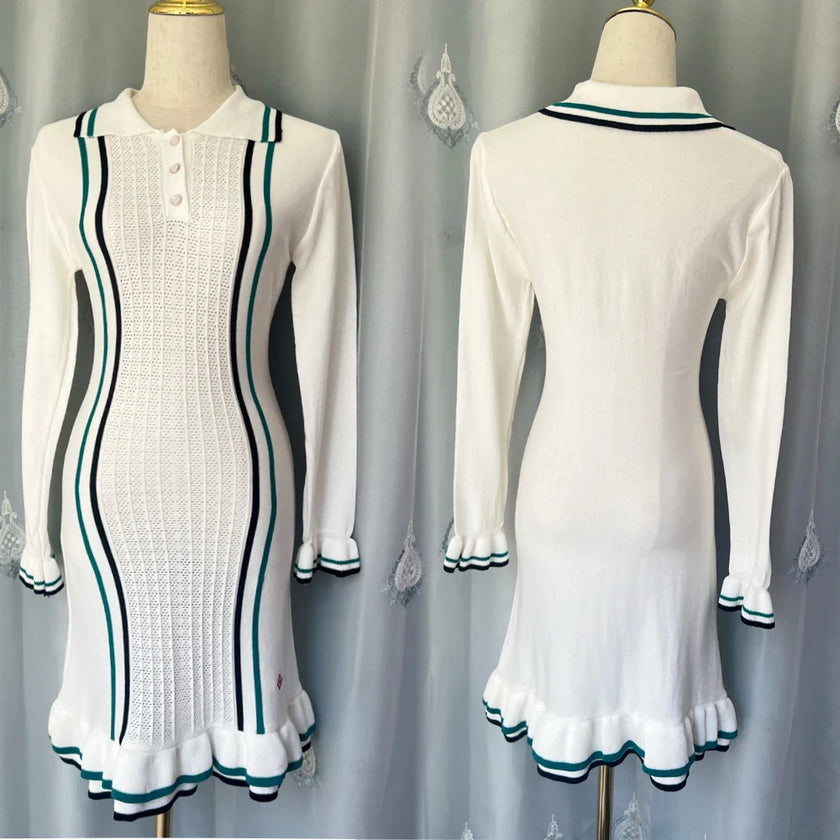 YuooMuoo Chic Fashion Sexy Package Hips Knitted Mini Dress 2025 Autumn Vintage Turn-down Collar Ruffled Party Dress Streetrwear