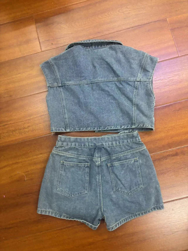 Y2k Fashion Washed Denim Women Shorts Set 2025 Summer Street Wear Sexy Clothes Jean Patchwork Two 2 Piece Matching Sets Outfits