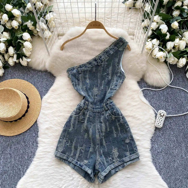 Women's Blue Ripped Denim Shorts Jumpsuits 90s Vintage Playsuits Harajuku Off Shoulder Rompers Jeans Pants Ladies Clothes Summer