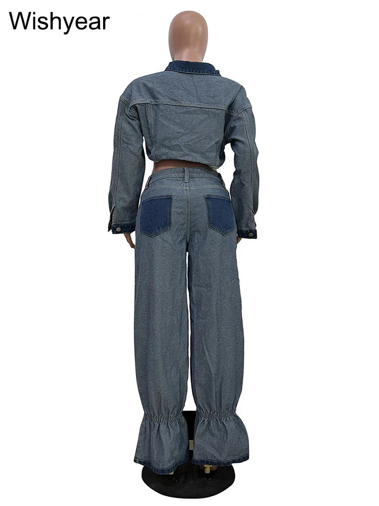 Streetwear Blue Patchwork Denim Two 2 Piece Pants Set Women Sales Long Sleeve Crop Tops and Flare Jeans Loose Matching Outfits