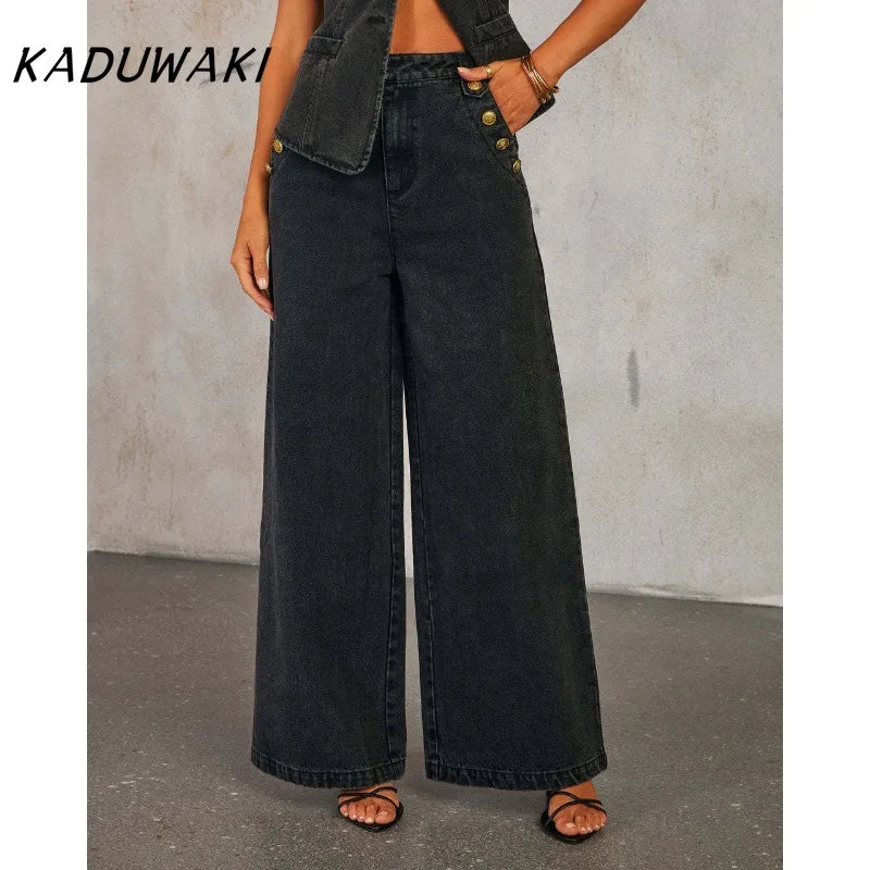 KADUWAKI Slim Denim Waistcoat Jeans 2pc Women Elegant Single Breasted O Neck Vest Wide Leg Pants Spring Lady High Street Outfits