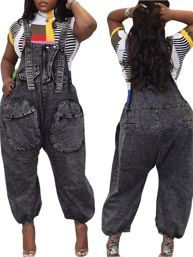 Wmstar Women's Jumpsuit Denim Cargo Pockets One Piece Outfits Wide Leg Black Fashion Streetwear Romper Wholesale Dropshipping