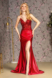 Embroidery Sheer Bodice V-back Satin Mermaid Long Dress